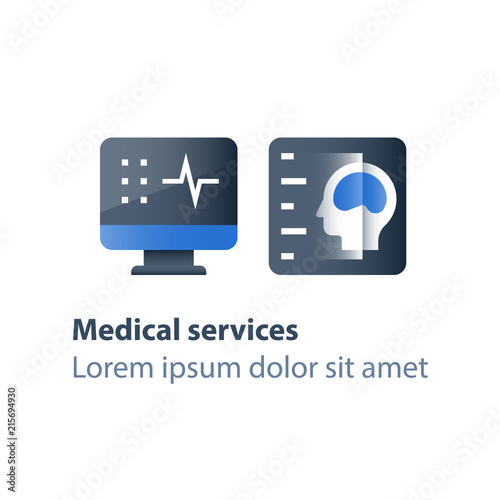 Brain examination, magnetic resonance imaging procedure, medical services, health care check up, head diagnosis, find tumor