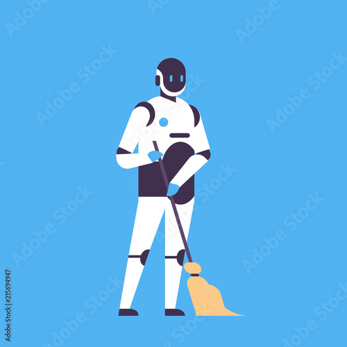 robot holding broom cleaning service concept house bot helper artificial intelligence blue background flat full length vector illustration