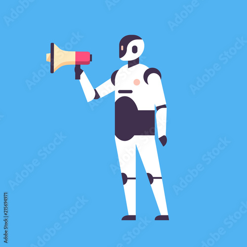 modern robot holding megaphone loudspeaker announcer concept artificial intelligence blue background flat full length vector illustration