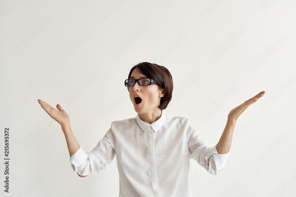 surprised business woman with glasses for a free place surprised business woman with glasses for a free place