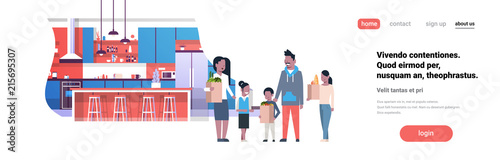 african american family holding bags with grocery products kitchen room interior flat horizontal banner full length copy space vector illustration