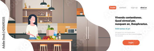 woman cook kitchen interior girl chopping vegetables cooking at home faceless smile character horizontal banner flat copy space vector illustration
