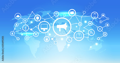 world map futuristic interface social media network icon loudspeaker connection concept blue background flat horizontal vector illustration