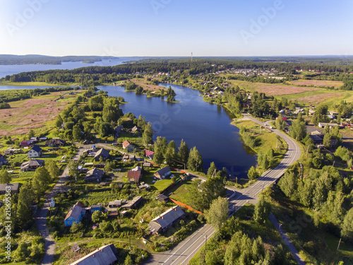 Aerial view of beautiful lake and village around it