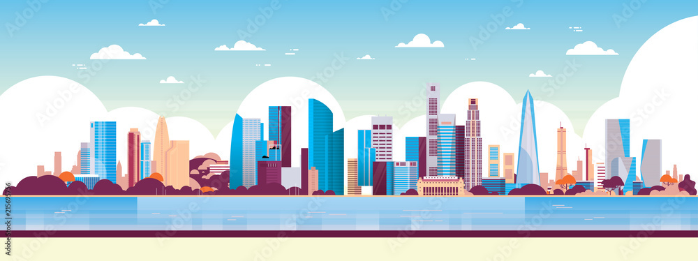 modern city skyscraper panorama view cityscape background skyline flat horizontal banner vector illustration