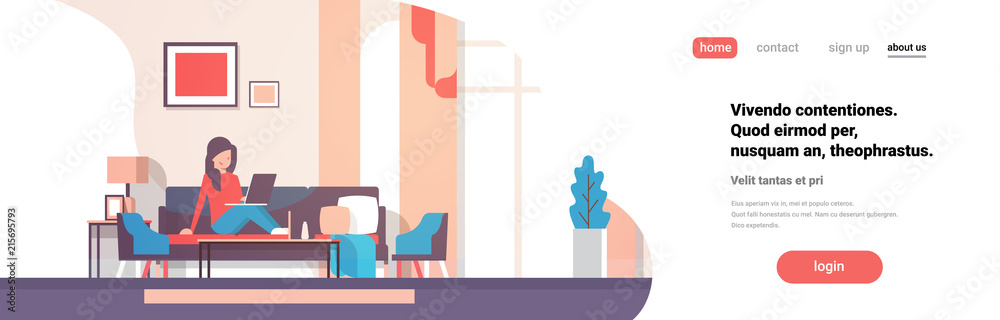 woman using laptop living room interior home modern apartment female relax concept flat horizontal banner copy space vector illustration - obrazy, fototapety, plakaty 
