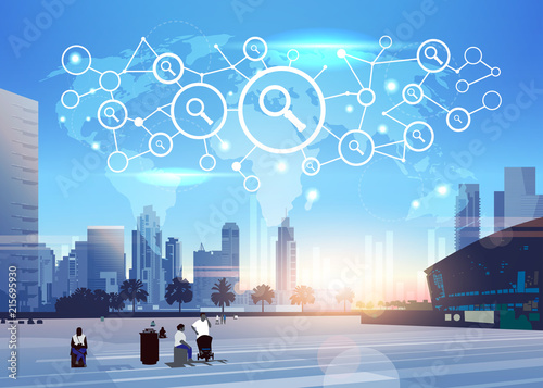 world map zoom magnifying icon search network futuristic interface seo connection concept skyline sunset cityscape background flat horizontal vector illustration