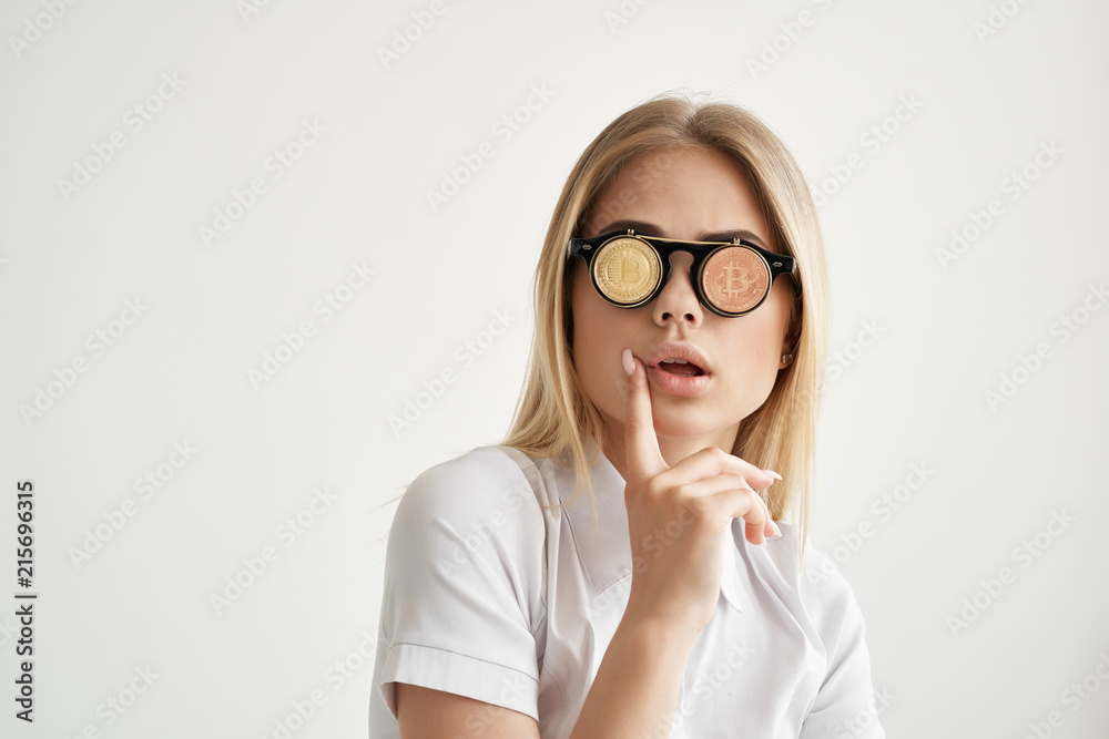 woman wearing bitcoins woman wearing bitcoins
