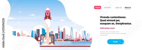 startup rocket innovation over city skyscraper panorama view cityscape background skyline flat horizontal banner copy space vector illustration