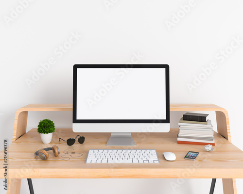 Computer display for mockup on table in white room, 3D rendering