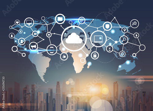 world map futuristic interface database cloud security network icon data privacy connection concept skyline sunset cityscape buildings background flat horizontal vector illustration