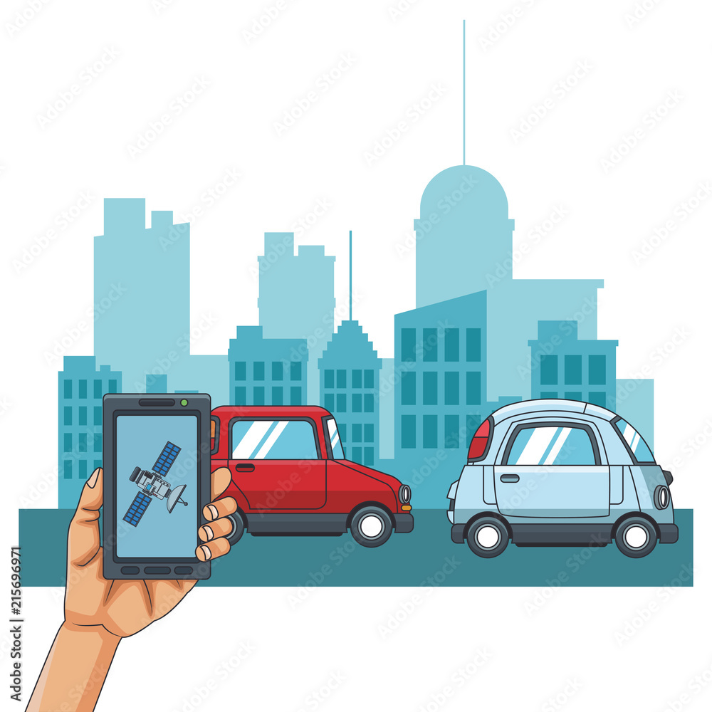 Hand using smartphone to track cars at city vector illustration graphic design