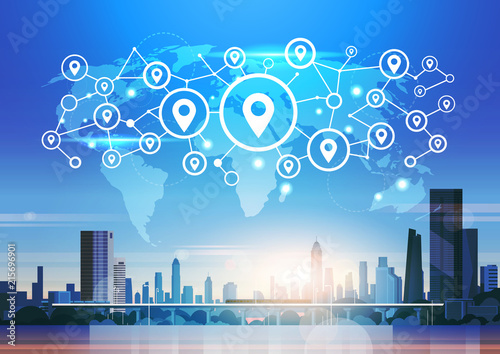 world map futuristic geotag location icon interface navigation network connection concept cityscape background flat horizontal vector illustration