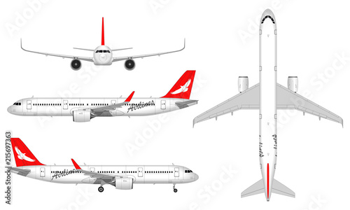 realistic big passenger airplane. view from above; front view; side view.