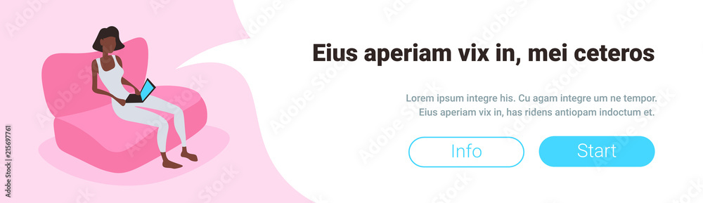 african american woman using laptop chat bubble sofa relax concept horizontal banner copy space flat vector illustration african american woman using laptop chat bubble sofa relax concept horizontal banner copy space flat vector illustration