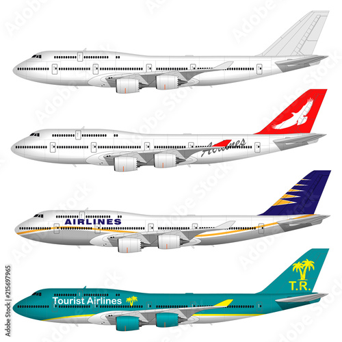realistic passenger airplanes set. side view.