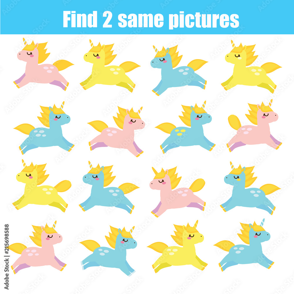 Find the same pictures children educational game. Cute unicorns Find the same pictures children educational game. Cute unicorns