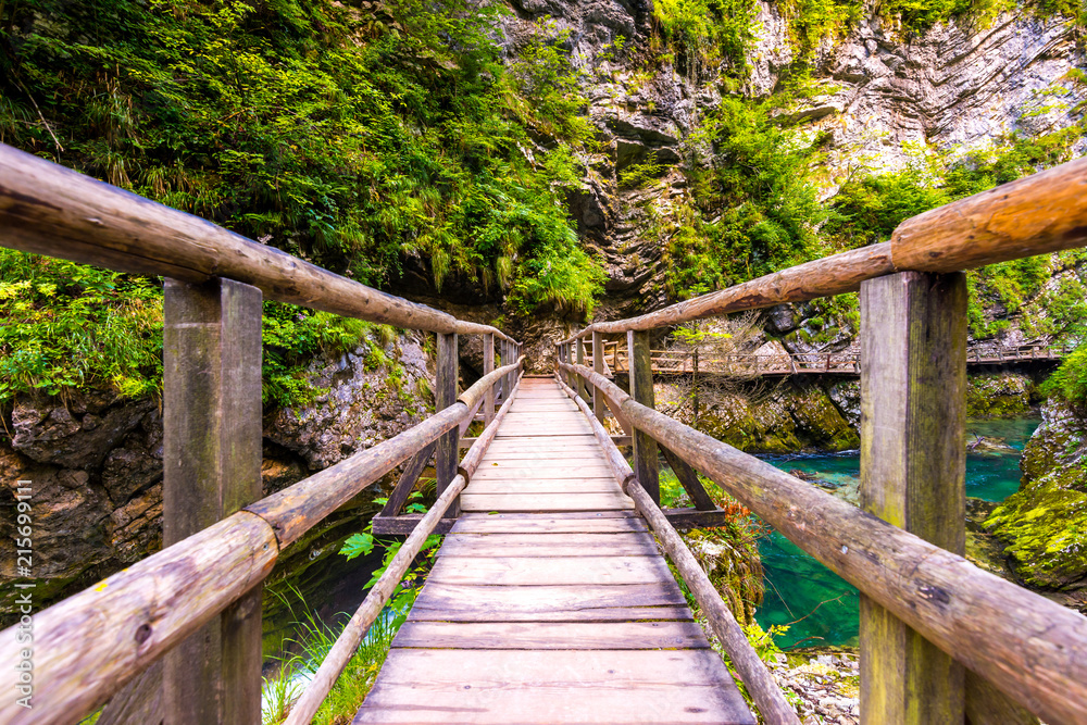 Vintgar gorge, Slovenia. River near the Bled lake with wooden tourist paths, bridges above river and waterfalls. Hiking in the Triglav national park. Fresh nature, blue water in the forest. Wild trees