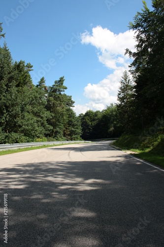 Winding asphalt road through the forest, racetrack in the Świętokrzyskie Mountains, Miedziana Góra