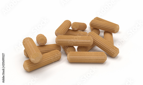 3D realistic render of multiple wooden dowel. Isolated on white background.