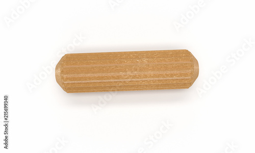 3D realistic render of single wooden dowel. Isolated on white background.