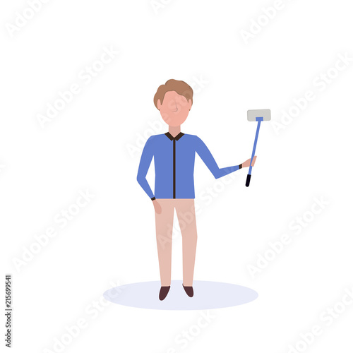 brown hair man doing selfie self stick standing pose isolated faceless silhouette male cartoon character full length flat vector illustration