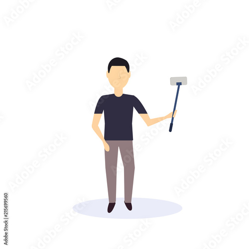brunette man doing selfie self stick standing pose isolated faceless silhouette male cartoon character full length flat vector illustration
