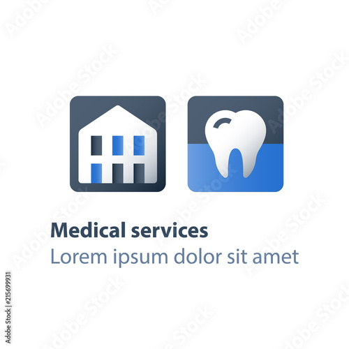 Dentistry center, dental clinic, tooth icon, health care, medical services