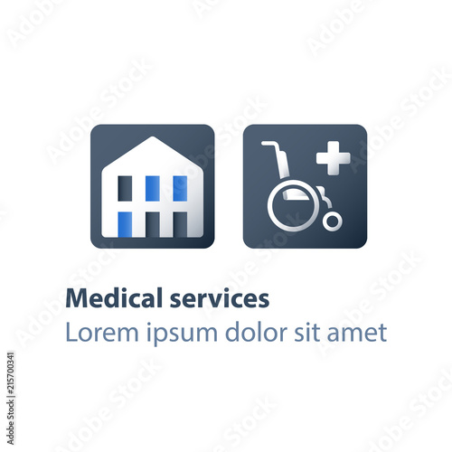 Medical center, hospital building, wheelchair sign, health care, handicapped attendance, disabled nursing services