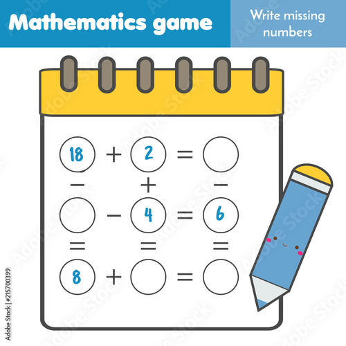 Educational game for children. Complete equations. Study Subtraction and addition. Mathematics worksheet