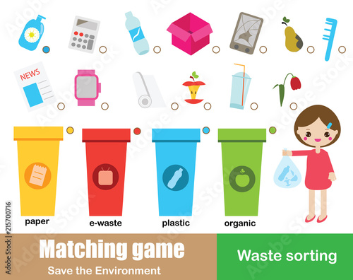 Matching game for kids. Eductaional children activity. Ecology theme. Learning waste sorting