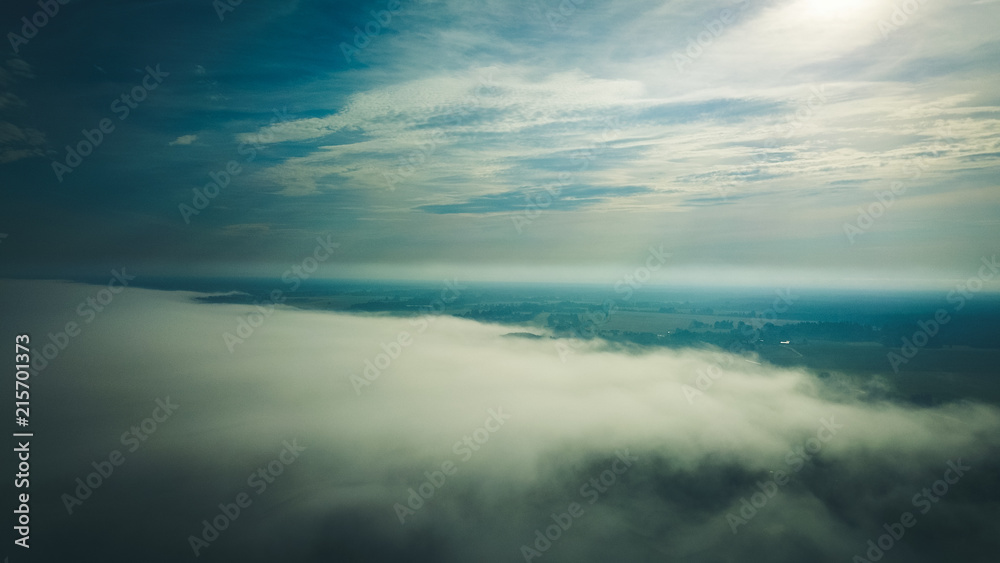 Misty sunrise over countryside path Aerial view Latvia - obrazy, fototapety, plakaty 