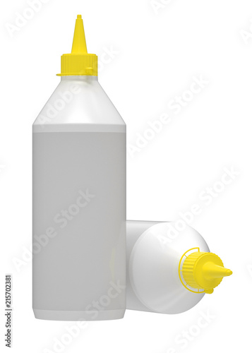3D realistic render of wood glue bottle with yellow lid. Empty template. Isolated on white. Clipping path.