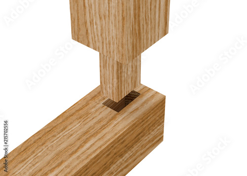 3D realistic render of boards with woodworking tenon inserted into a mortis. Isolated on white background