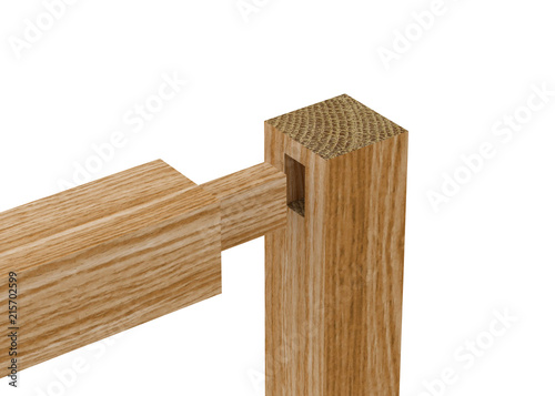 3D realistic render of boards with woodworking tenon inserted into a mortis. Isolated on white background