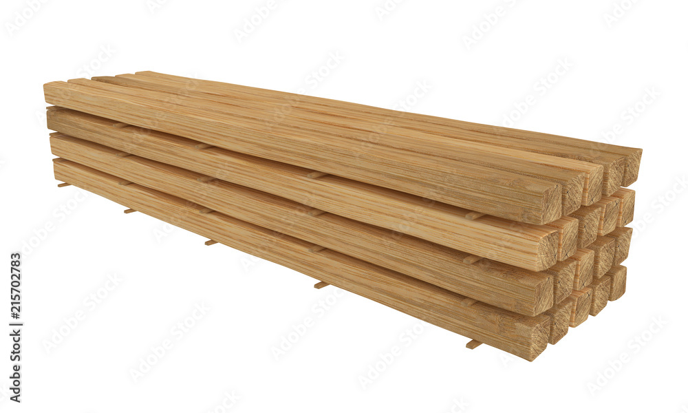 3D render. Fresh new wooden beams storage on a white background.