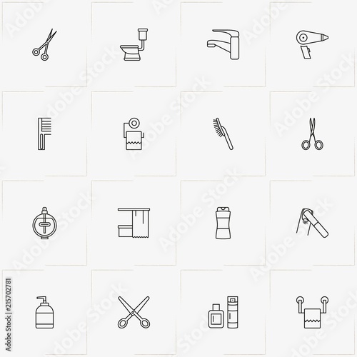 Bathroom line icon set with comb, nail file and bath curtain