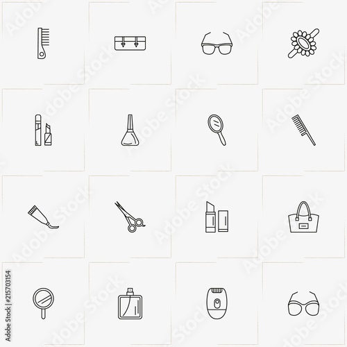 Beauty line icon set with lipstick, hand mirror and comb