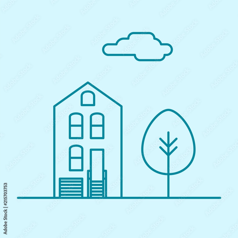Vector city thin line office building with tree and cloud. Town business real estate apartment concept icon design. Isolated architecture construction house illustration.