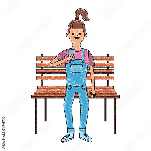 Girl seated on chair using smartphone vector illustration graphic design