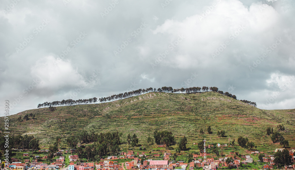 Trees line a lush green hilltop over a small town in Bolivia
