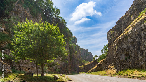 Blue skies and sunshine over the trees and cliffs of Cheddar Gorge, Somerset