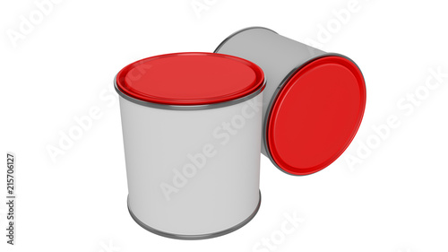 3D realistic render. Composition of two isolated paint can with red lid. Design template.