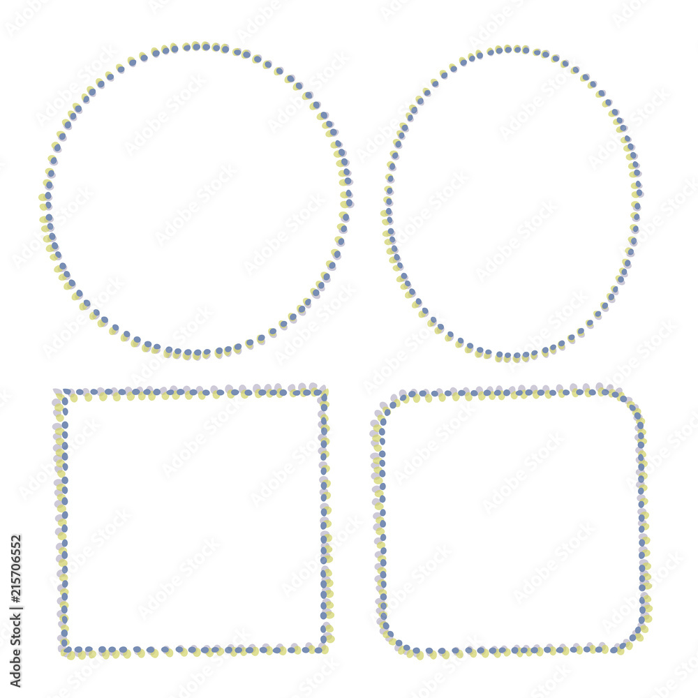 Set of simple geometric frames with outline from round uneven dotted blue objects vector objects isolated on white background. Set of simple geometric frames with outline from round uneven dotted blue objects vector objects isolated on white background.