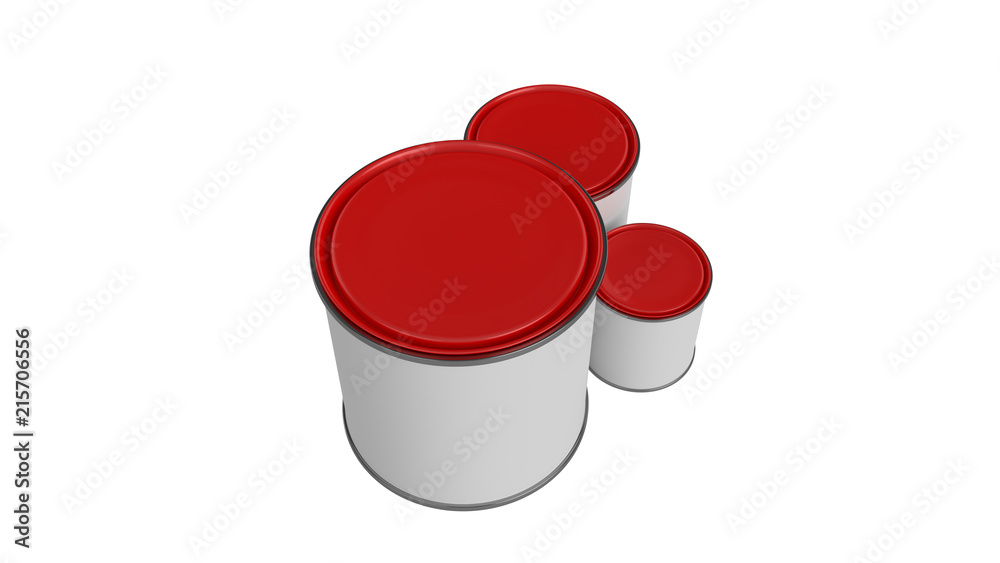 3D realistic render. Composition of three isolated paint can with red lid. Big, medium and small. Design template. 3D realistic render. Composition of three isolated paint can with red lid. Big, medium and small. Design template.