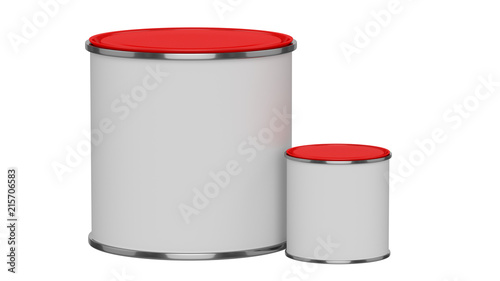 3D realistic render. Composition of two isolated paint can with red lid. Big and small. Design template.