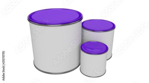 3D realistic render. Composition of three isolated paint can with purple lid. Big, medium and small. Design template.