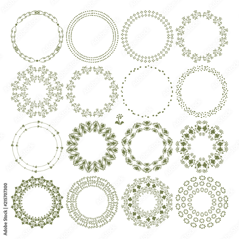 Set of sixteen dark olive-colored openwork frames and wreaths of curls, outlines of flowers, leaves and dots vector objects isolated on white background.