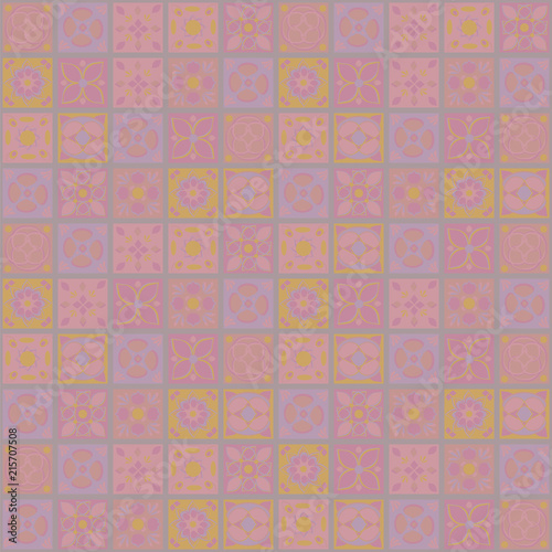 Square vector ornaments, tender light sugary sweetly doll-like pink flowers tile flowers mosaic oriental folk homemade fairground seamless pattern.