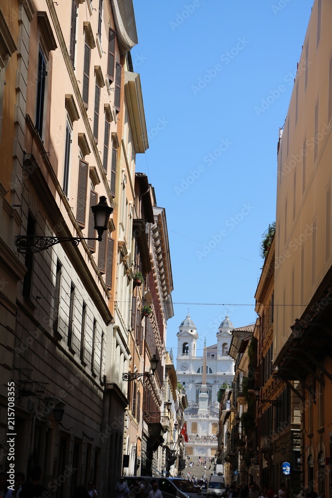 Via Condotti leads to Spanish stairs at Piazza di Spagna in Rome, Italy  